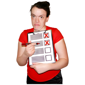 Person in a red shirt holding a clipboard with red X marks.