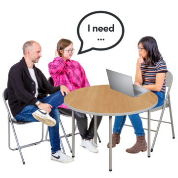 Three people sitting at a table with a speech bubble saying 'I need...'