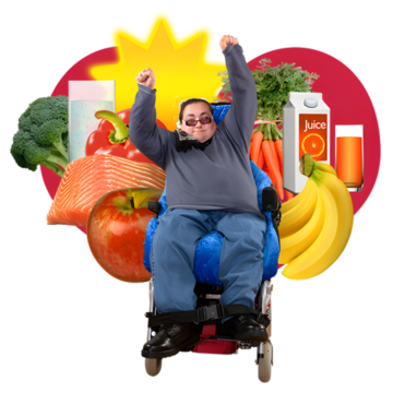 A woman in a wheelchair with her arms up celebrating.  Behind her is a heart and healthy food and drink.