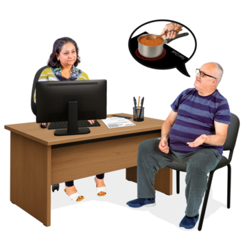 A man and a woman in an office setting with a thought bubble showing a saucepan.
