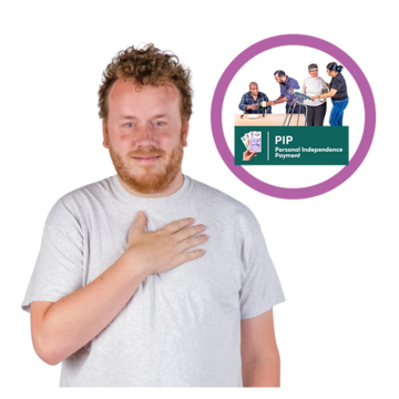 Person with hand on chest next to a circle with a purple border. Inside the circle is an image for PIP