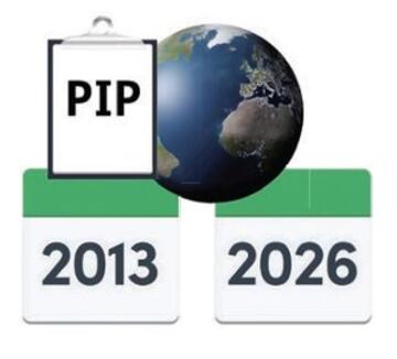 Picture of the world with calendars showing 2013 and 2026 underneath and a clipboard with PIP written on it.