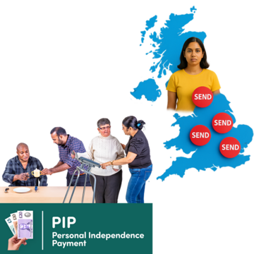 A map of the UK with red SEND labels and a young girl over it and a PIP benefit graphic