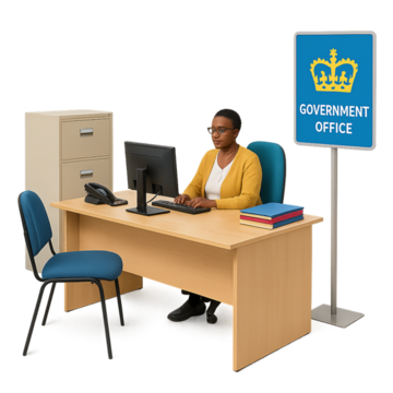 Person working at a desk in a government office with a computer and books.