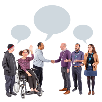 A diverse group of people interacting with speech bubbles overhead.
