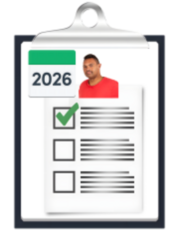 A  clipboard with the year 2026, a photo of a man and a list with a tick on it.