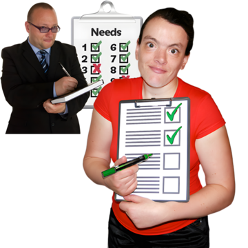 A woman with a clipboard with green checks in front of a man in a suit writing on a clipboard.