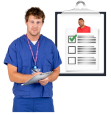A man with a clipboard.  Behind him is a picture of the clipboard paper which has an image of a young man and a list with a tick beside one of the things on the list.