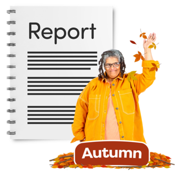 A woman with leaves and a sign saying Autumn below her, with a paper report in the background.