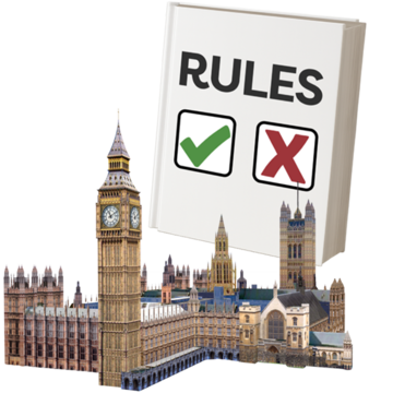 A rule book with a green tick and red cross behind the Houses of Parliament