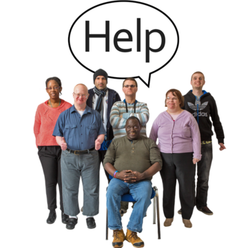 A group of people with a speech bubble above them with the word "Help" inside.