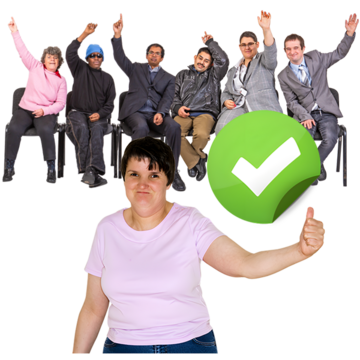 A group of people with their hands raised sitting behind a person with a thumbs. up and a green tick.