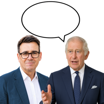 ANdy Burnham standing next to the King with a speech bubble above their heads.