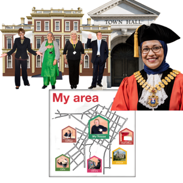 A mayor in robes next to council buildings and council workers, above a map labelled "my area."