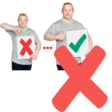 Two men holding signs with thumbs up and thumbs down gestures, with a large red cross over them
