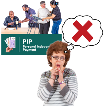 A graphic for PIP with a woman looking worried in front. THere is a thought bubble above her head with a red cross in it.