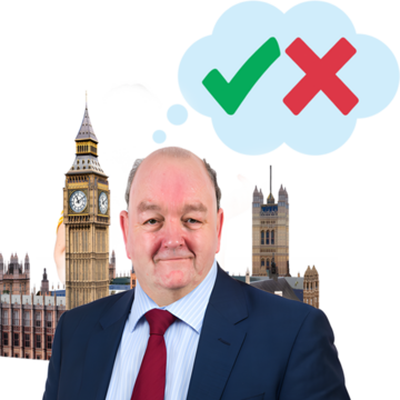 A politician in a suit with a thought bubble above him, containing a green check and a red cross, with the Houses of Parliament behind him.