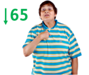 A woman pointing to herself.  Beside her is the number 65 and an arrow pointing downwards.