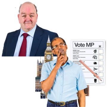A person thinking with a politician, voting ballot paper, and houses of parliament behind them