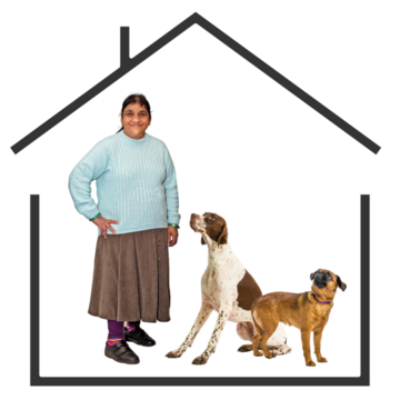 A woman with two dogs in a small house