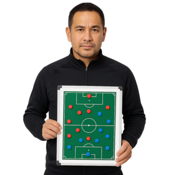 A man holding up a board which shows a football pitch with coloured dots on it