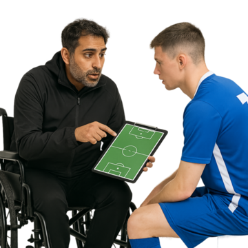 A man in a wheelchair is pointing to a piece of paper with a football pitch on it and talking about it with a football player