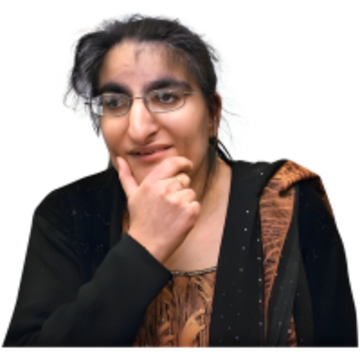 A woman looking thoughtful with her hand on her chin.