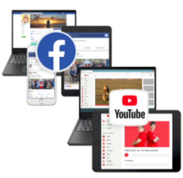 The Facebook logo and You Tube logos with tablets, laptops and a phone.