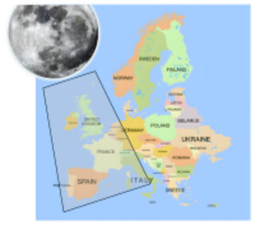 The Moon and a map of Europe.  Some countries have a grey shadow over them.