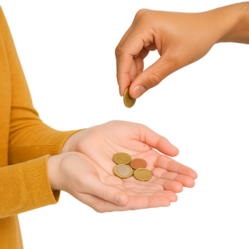 A pair of open hands getting tokens or coins put into them