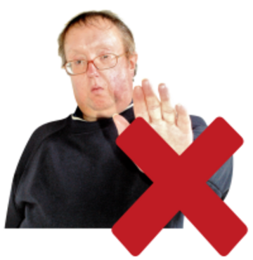 A red cross beside a man holding his hand up to say stop.