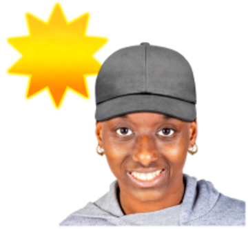 A woman wearing a cap with the sun behind her.