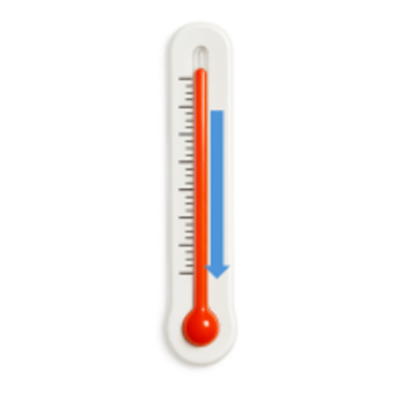 A thermometer with a blue arrow pointing down.