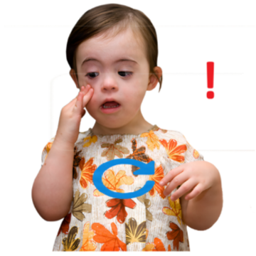 A child next to a warning sign and a circular arrow symbol on her chest