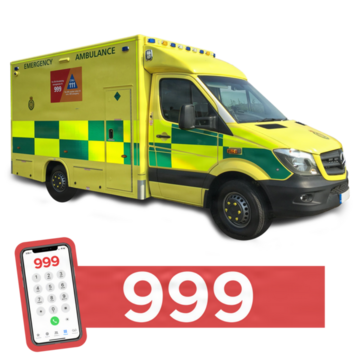 An ambulance and a mobile phone with the numbers 999
