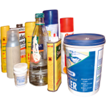 Various bottles, tins and containers of chemicals.