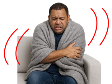 A man wrapped in a towel cold and shivering