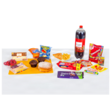 A range of unhealthy food including fizzy drinks, biscuits, cakes and chocolate.