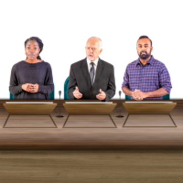 3 people sitting in a row, each with a microphone.