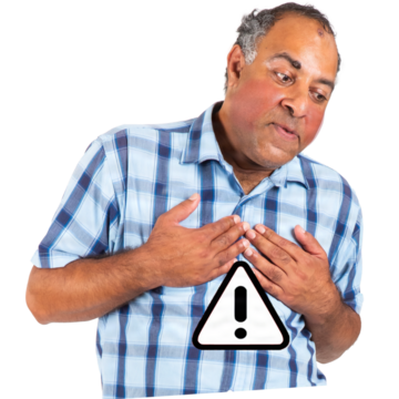 A man pressing on his chest breathing out and a warning symbol