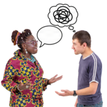 A woman and a man facing each other.  The woman has a speech bubble coming from her mouth.  The man has a thought bubble from his head with a tangle of lines in it.