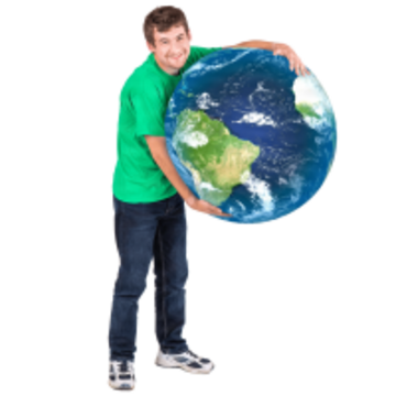 A man holding a large model of the Earth.