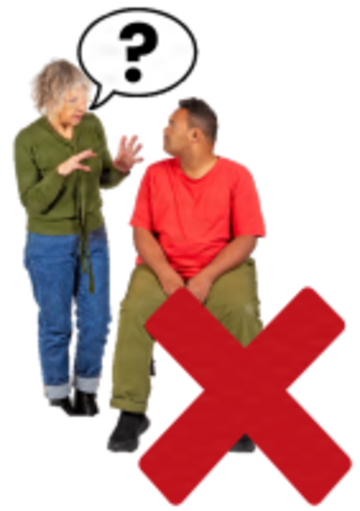 A red cross beside a woman asking a man a question.