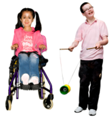 A boy playing and a girl in a wheelchair smiling.