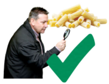 A tick beside a man with a magnifying glass and some pasta.