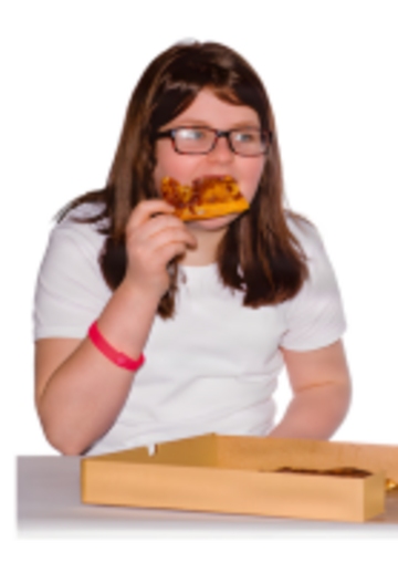 A girl eating pizza from a takeaway box.