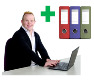 A man working at a laptop.  Behind him is a plus sign and some folders.