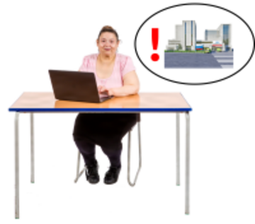 A woman sitting at a laptop.  Behind her is a circle with a red exclamation mark and a hospital in it.