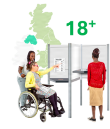 Some people at voting booths.  Behind the booths is a map of the UK with Northern Ireland highlighted and 18+ above the people.