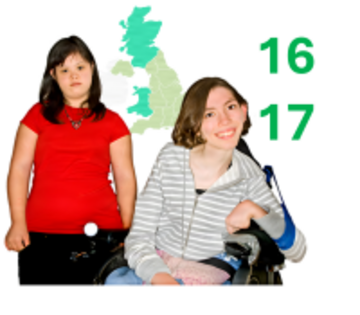 Two teenagers with a map behind them which has Scotland and Wales highlighted.  Beside them are the numbers 16 and 17.